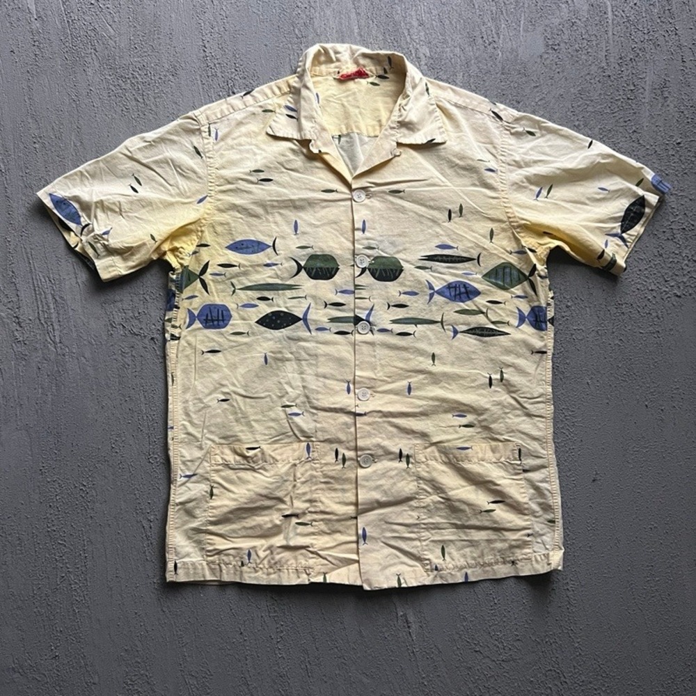 Vintage Jantzen Button Up Shirt Large Yellow 1950s Fish Camp Collar Cotton